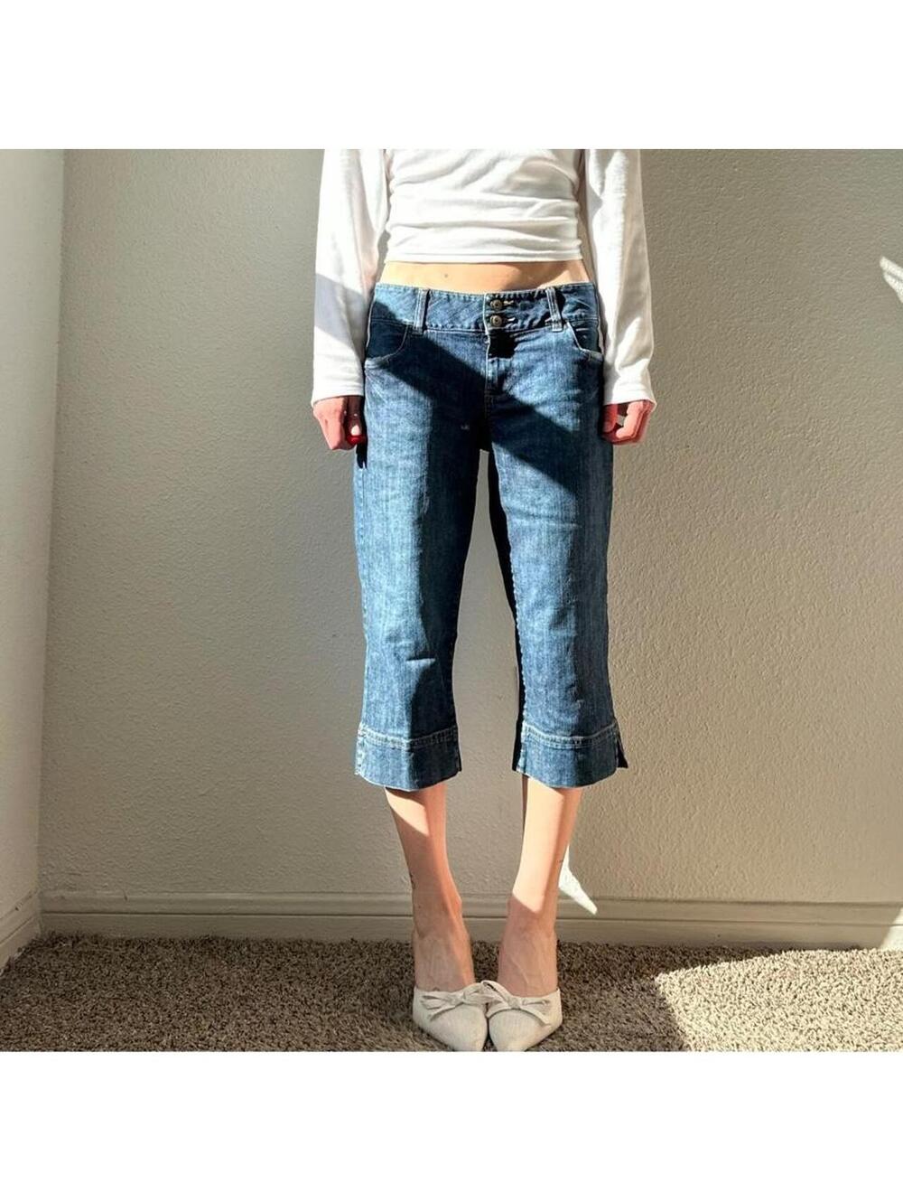 Vintage y2k low rise wide leg flare dark wash chino denim blue jean capris